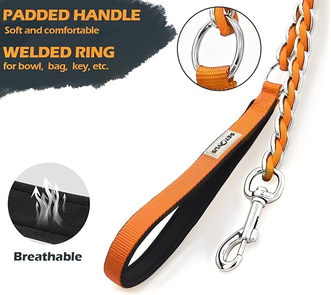Chain Dog Leash Chew Proof Metal Leash for Medium Large Dogs, Chain Link Dog Anti Chew 5.2FT / 4FT Strong Anti Bite Comfortable Soft Padded Handle (Orange, 5FT(80-150lb))