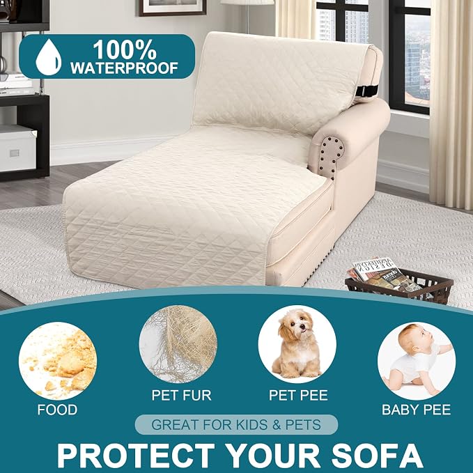 Turquoize 100% Waterproof Sofa Covers Chaise Lounge L Shape Sofa Protector Slip Cover Triple Non-Slip Sofa Slipcover for Sectional Couch Cover for Pets, Kids (Chaise, Ivory)