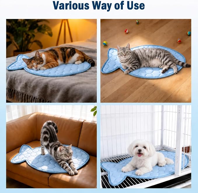 SZEE Cat Cooling Mat, Cooling Mat for Cats, with Ice Silk Fabric, Machine Washable, Fish-Shaped, for Bed, Sofa, Floor, Car Seat & Crate, with Anti-Slip Bottom (27” × 18”)