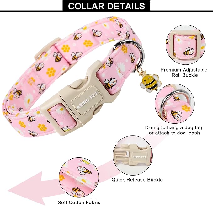 ARING PET Summer Dog Collar, Cute Pink Bee Daisy Floral Pet Collars with Quick Release Buckle for Puppy Small Medium Large Boy Girl Dogs-M