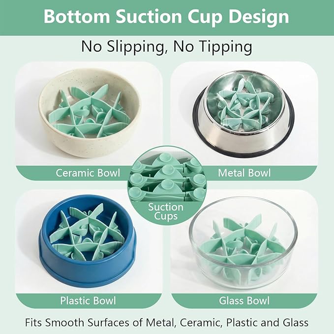 Silicone Dog Slow Feeder Bowl Insert with Suction Cups, Cuttable Food-Grade Lick Mat Divider Fits Stainless Steel Ceramic Glass Dog Bowls, Helps Slow Down Eating, Green