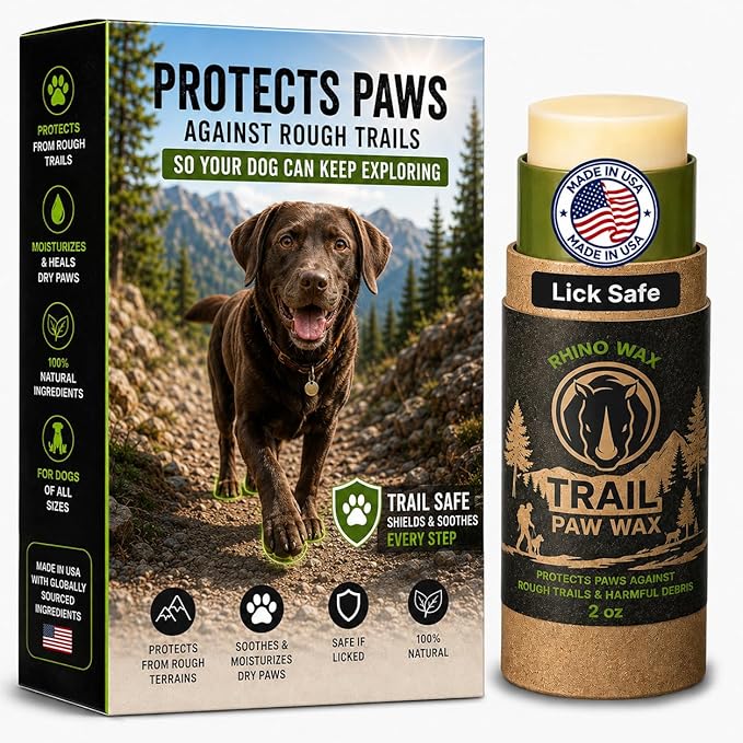 Rhino Wax - Dog Paw Trail Wax 2oz - Use Before Taking Dogs on a Hike - Balm Helps Protect Against Rocks, Uneven Terrain, Thorns, Glass - Moisturizes and Improves Elasticity - Lick-Safe - Made in USA