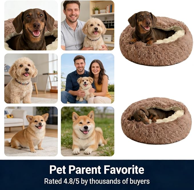 Hooded Donut Dog Bed with Cover, Calming Anti-Anxiety Dog Cave Bed for Small Medium Dogs, Plush Fluffy Burrowing Pet Bed with Waterproof Non-Slip Bottom (Brown,M-26”)