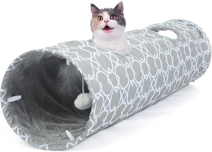 Geometric Straight Cat Tunnel with Plush Inside,Cats Toys Collapsible Tunnel Tube with Balls, for Rabbits, Kittens, Ferrets,Puppy,Diameter 11.8 Inch