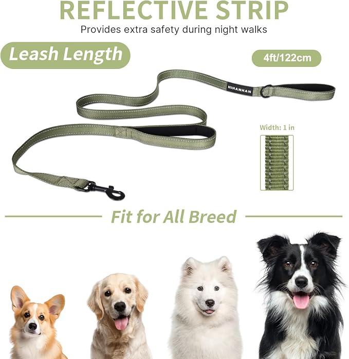 Reflective Dog Leash with Double Handle, Dog Leash 4 FT Long, Supports Medium and Large Dogs, Heavy Duty for Walking, Running, and Training, Green