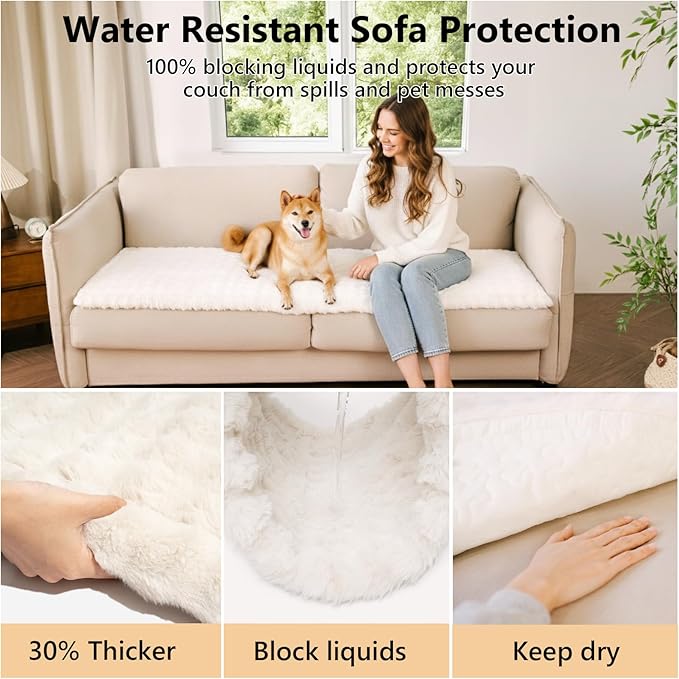 FUNNY FUZZY Pet Couch Cover for Sofa, Waterproof Couch Cover for Dogs Washable, Pet Friendly Fuzzy Sofa Covers Thick Soft Dog Bed Mat Non Slip for Couches and Sofas, Cream White, 27.6"×59.1"