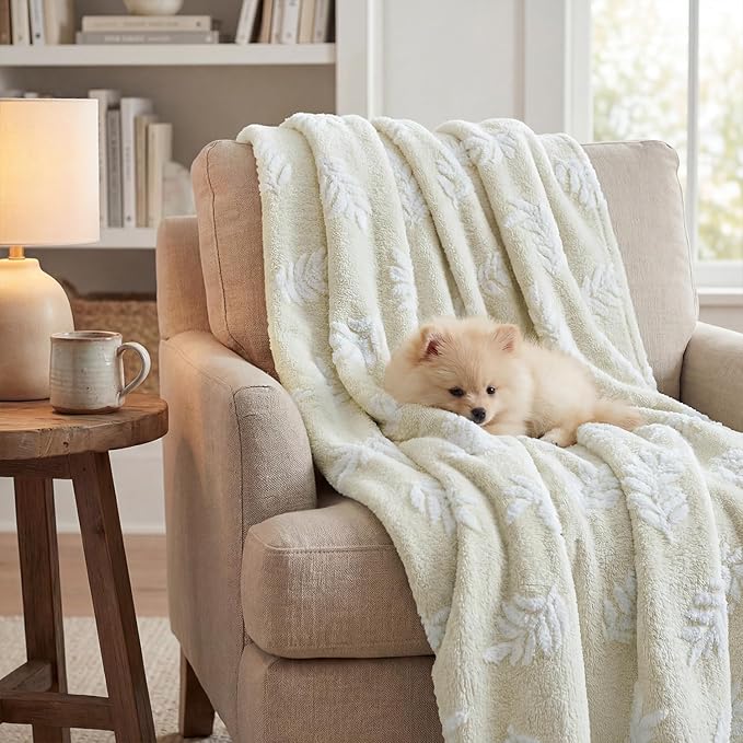 Horaldaily Pets Flannel Blanket, Beige Leaves 3D Textured Soft Fuzzy Fluffy Plush Cozy Fleece Premium Blankets for Dog Cat Puppy Kitten Couch Protection, 20x30