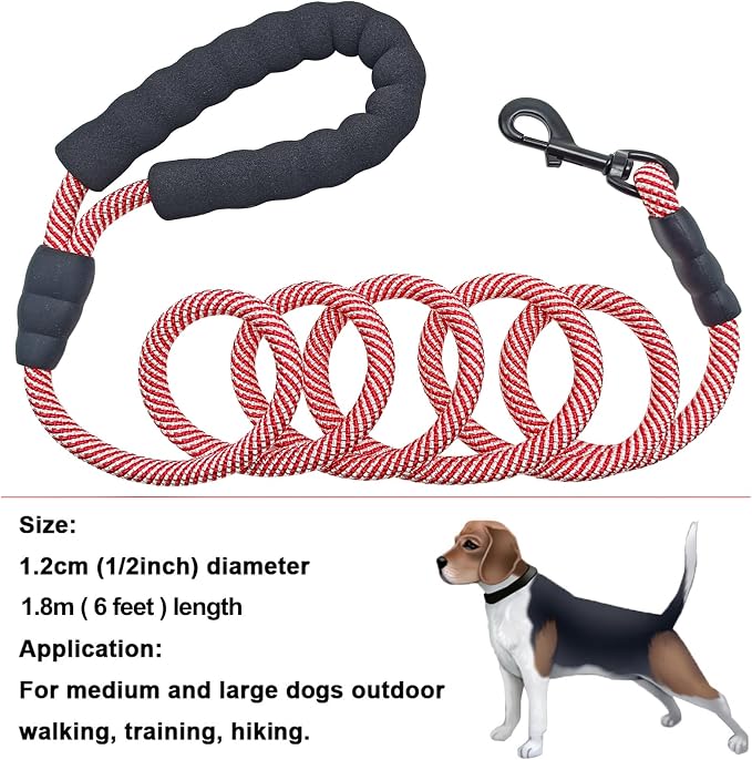 MayPaw Rope Dog Leash 6 FT, Heavy Duty Nylon Pet Leash, Soft Padded Handle Thick Lead Leashes for Large Medium Dogs Walking Training (red, 1/2" * 6')