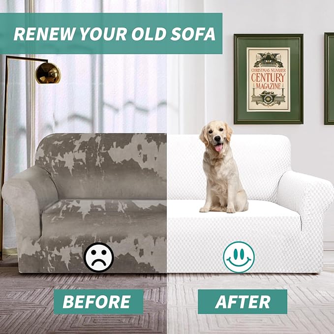 YEMYHOM Couch Cover Latest Jacquard Design High Stretch Sofa Covers for 3 Cushion Couch, Pet Dog Cat Proof Slipcover Non Slip Magic Elastic Furniture Protector (Large, White)