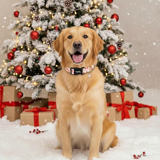 Christmas Dog Collar Large Dog Collars, Adjustable Pink Dog Collars with Jolly Santa Pattern, Cute Dog Christmas Collar for Dogs, Winter Holiday Dog Collar for Girl Boy Dogs-L
