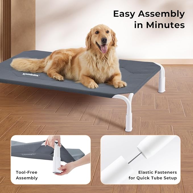 ZOMISIA XL Elevated Dog Bed Tool-Free Assembly, Outdoor Raised Dog Bed Portable Cooling Pet Cot for Large Pets, Summer Pet Hammock Off Ground with Non-Slip Feet & Waterproof Teslin Mesh, 48x33 Inch