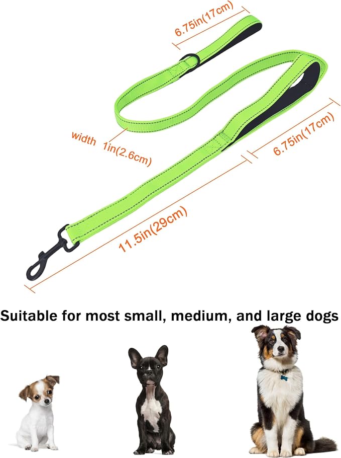 Solmoony 4FT Green Strong Dog Leash with 2 Padded Handles, Traffic Handle Extra Control, Double-Sided Reflective Walking Lead for Small Medium and Large Dogs(Green, 4FT)