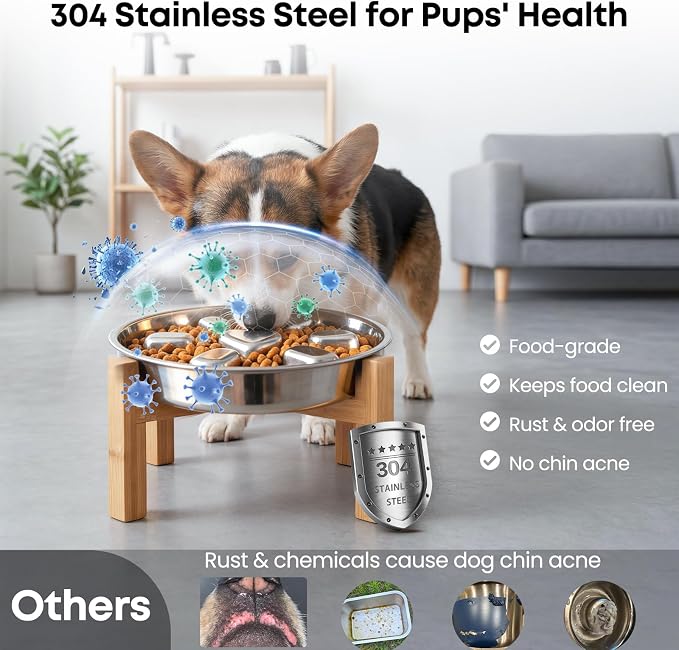 Elevated Slow Feeder Dog Bowl for Small Medium Breed Puppies, 2 Cup 304 Stainless Steel Maze Food Dish for Fast Eaters, Non Slip Raised Doggy Metal Plate with 5.5 Inch Stand, Non Gobbling, Neck Relief