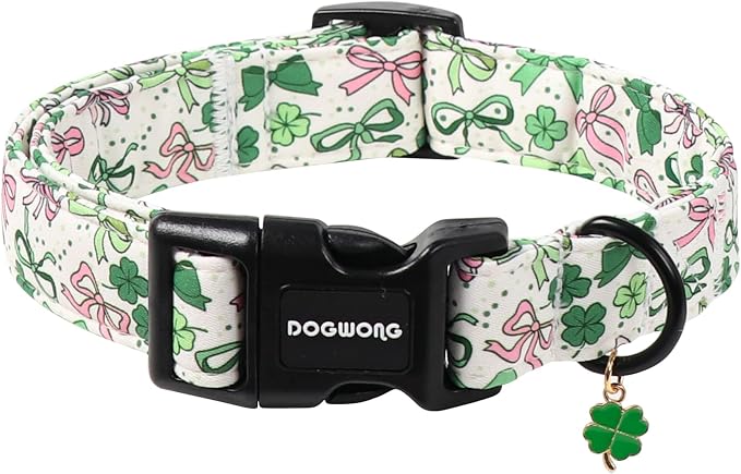 DOGWONG Green Dog Collar- Cute Trefoil Bowtie Dog Collars Adjustable St. Patrick's Day Puppy Clover Dog Collar for Small Medium Large Dogs L
