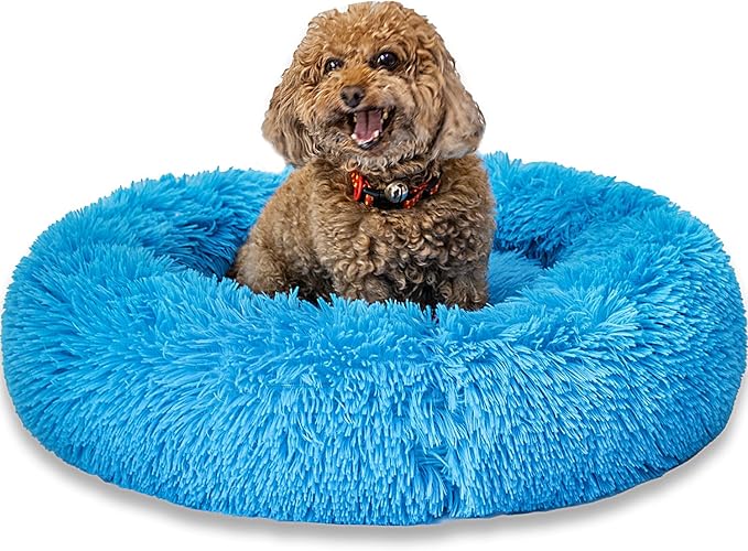 Calming Dog Bed for Small Dogs Cats, Kitty Puppy 23'' Round Anti-Anxiety Warm Fluffy Plush Faux Fur Bed, Soft Anti-Slip Donut Washable Small Pet Bed, Cozy Cat Puppy Bed, Fits up to 30 lbs Pets