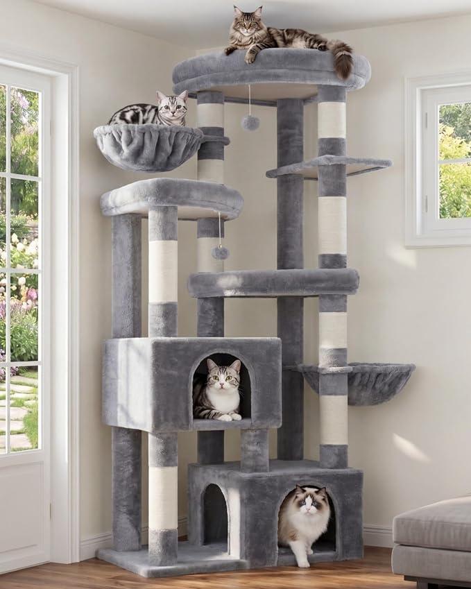 Hey-brother Cat Tree, 67.3 Inches Tower with 3 Soft Platform Beds, 2 Large Condos, 9 Sisal Scratching Posts, 2 Hammocks and Toys, Multi-Level Step House for Multiple Indoor Kittens, Light Gray MPJ084W
