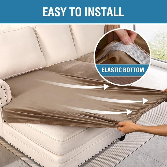 H.VERSAILTEX Velvet Stretch Sectional Couch Cover - 4 Pieces for L Shape Sofa With Separate Seat Cushion Covers - Fits Both Left/Right Sectional (Large 3 Seater + 1 Chaise, Camel)