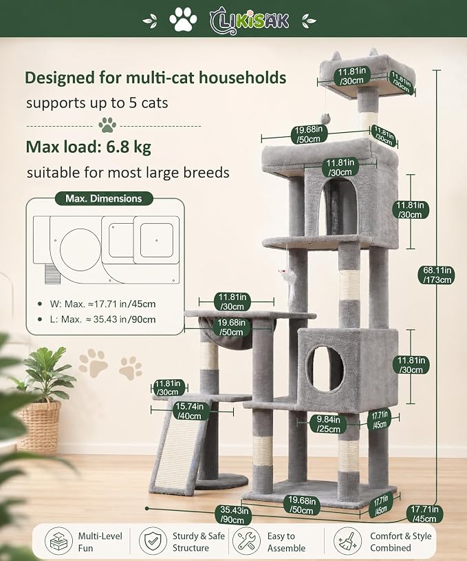68 Inches Heavy Duty Cat Tree for Indoor Cat, Big Cat Tower with Sisal Scratching Posts and Top Perch, Large Platform for Adult Cats, PMT02GY, Grey