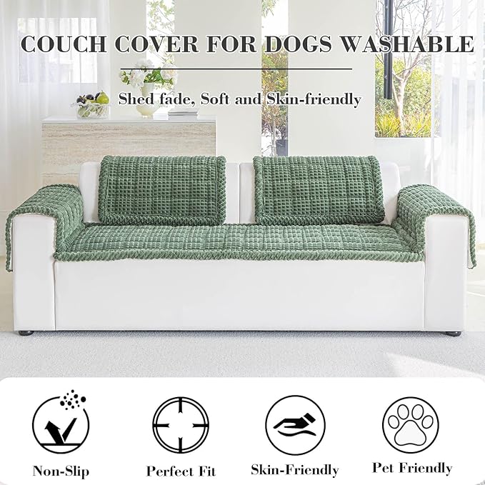 Couch Cover for Dogs Washable, Non Slip Couch Covers for 3 Cushion Sofa Pet Friendly, Fuzzy Pet Couch Cushion Covers for Dog, Thick, Soft for Sofa Protector (Green, 27.6" x 82.7"/70 x 210cm)