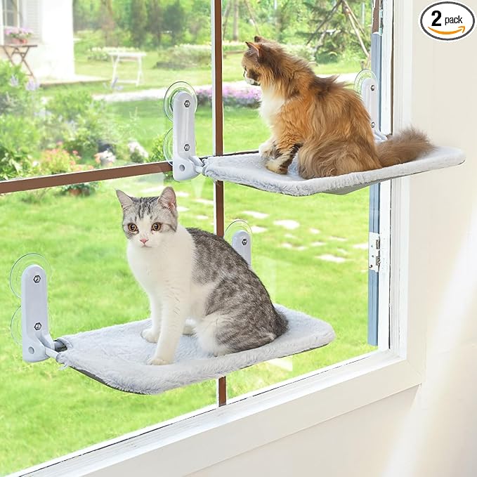 Zoratoo 2PC Cat Window Perch Cordless Foldable Cat Hammock Bed for Window with Metal Frame and Reversible Cover, Large Suction Cups Window Resting Seat for Indoor Cats (Cat Bed, L-2PC)