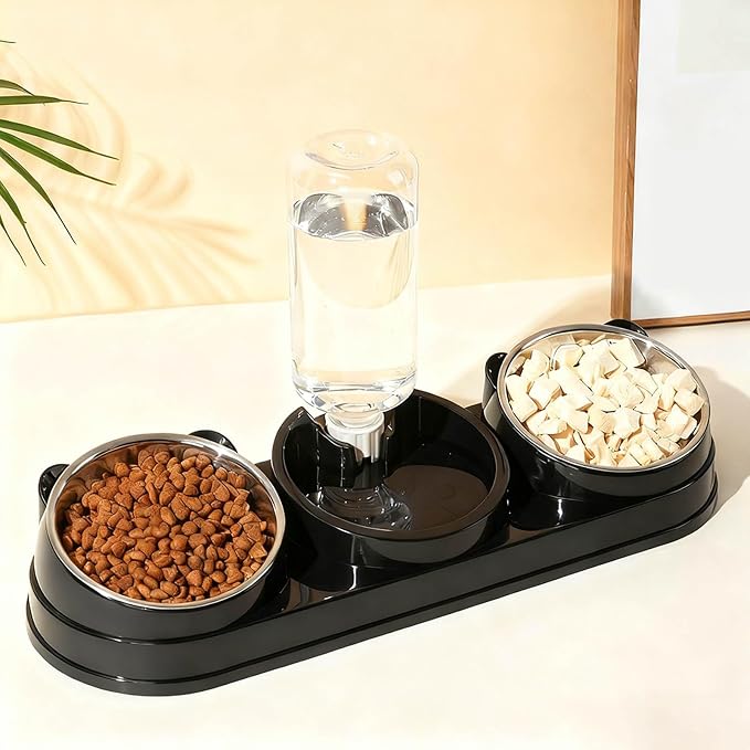 3 in 1 Cat Bowls Pet Feeder with Water Dispenser, 15° Raised Cat Dish Food and Water Bowls Set for Wet/Dry Food, Triple Pet Feeding Station for Rabbit Kitten Bunny (Black)