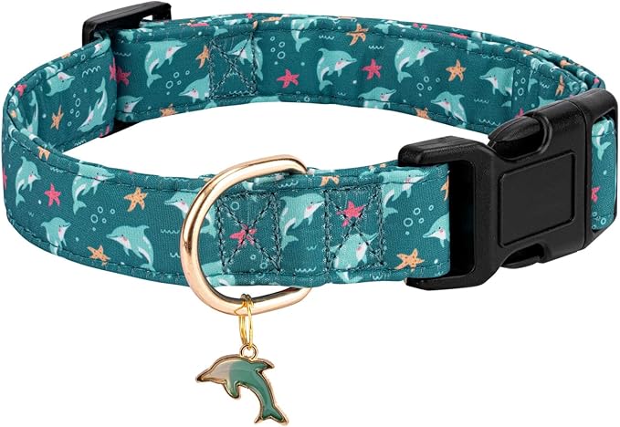 Personalized Dog Collars,Adjustable Puppy Collars with Safety Buckle for Small Medium Large Dogs,Cute and Unique Pink Cherry Pattern Pet Collar for Boy Girl Dogs. (Green Dolphin, L)