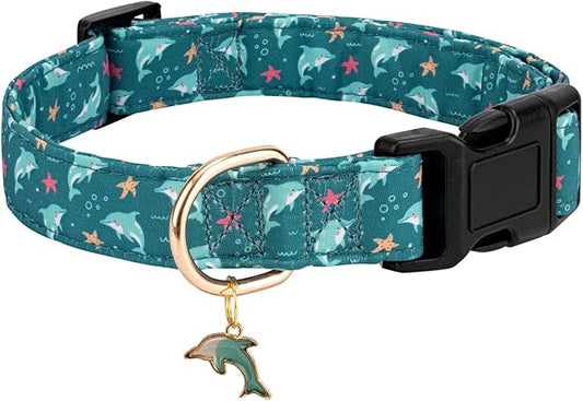 Personalized Dog Collars,Adjustable Puppy Collars with Safety Buckle for Small Medium Large Dogs,Cute and Unique Pink Cherry Pattern Pet Collar for Boy Girl Dogs. (Green Dolphin, L)
