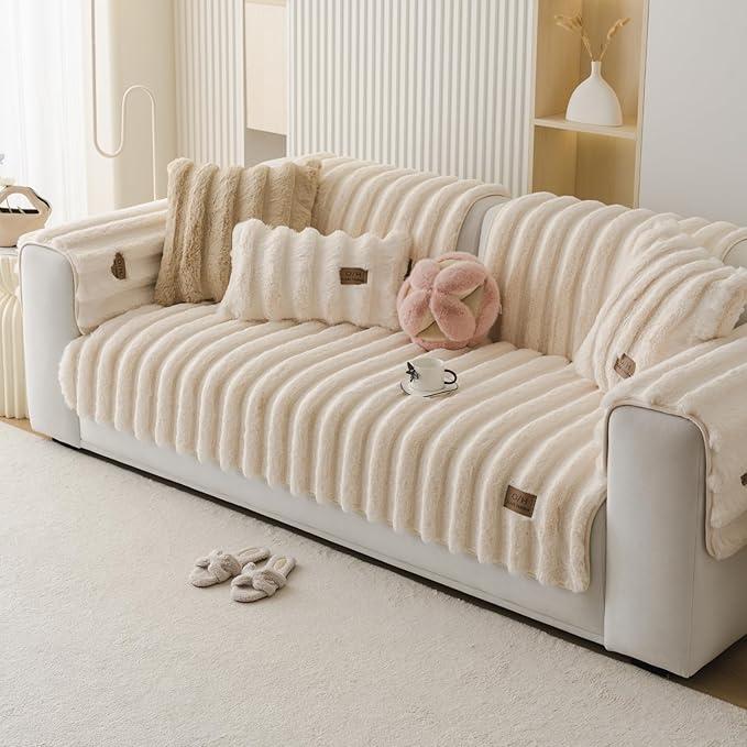 Fuzzy Rabbit Plush Sofa Cover Thick Soft Fur Sectional Couch Cover Furry Fluffy Cushion Cover Non-Slip Sofa Slipcovers Vertical Stripe Furniture Protector for Dogs Cats(Cream,28"x28")