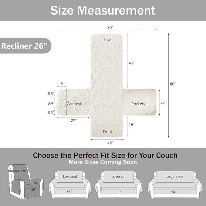 Ivory Recliner Chair Covers, Quilted Décor Water-Repellent Medium Lazy Boy Chair Covers, Pet Friendly Recliner Cover for Dogs Cats, Washable Couch Cover (Recliner 26", Ivory White)