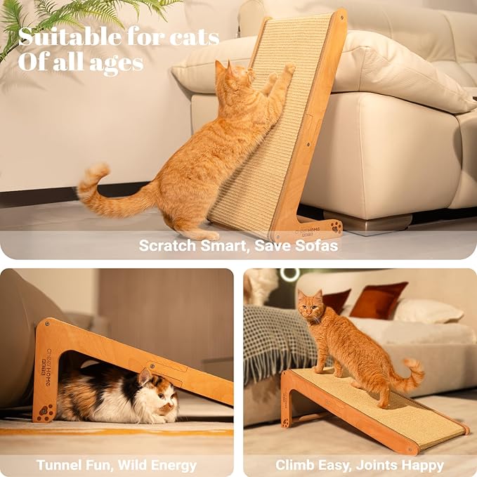 CHEERHOME PETS Sisal Cat Scratcher Ramp for Indoor Cats, 24.8" L Shape Cat Scratching Post Climbing Vertical Cat Scratch Pad, Solid Wooden Cat Furniture(Standard)