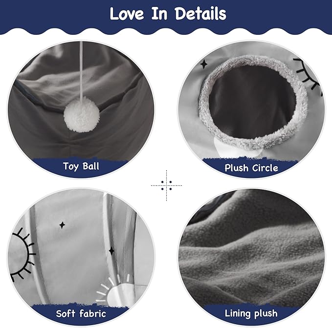 Tempcore Cat Tunnel for Indoor Cats, 3 Way Collapsible Pet Play Tunnel with Teaser Wand, Peek Holes & Hanging Ball, Interactive Tube for Kittens & Rabbits, Grey Sun