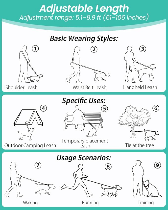 Hands Free Dog Leash, 5.1-8.9Ft Crossbody Long Leash, Waist Dog Belt for Small & Medium Dogs, City Walking & Running Outdoor Hiking &Travel etc. (Grey Green)