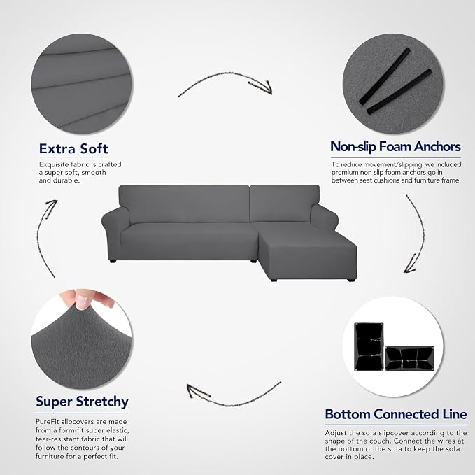 PureFit Super Stretch Sectional Couch Covers - 2 pcs Spandex Non Slip Sofa Covers with Elastic Bottom for L Shape Sectional Sofa Couch, Great for Kids & Pets (3 Seat Sofa + 2 Seat Chaise, Gray)