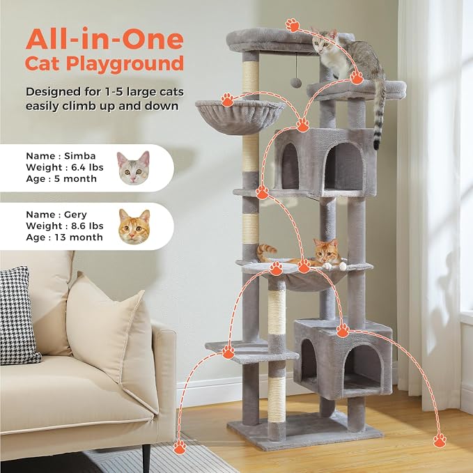 69” Tall Cat Tree for Indoor Cats Large Adult, Multi-Level Cat Tower with Scratching Post, Dual Top Perches, Big Hammock & 2 Spacious Condos, Cat Furniture for Multi-Cat Households, Grey
