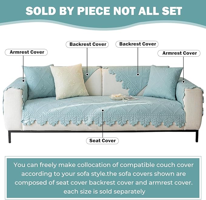 Cotton Quilted Dog Couch Cover for Sofa Farmhouse Rustic Embroidery Sectional Couch Cover Soft Anti-Slip Sofa Slipcover Furniture Protector for Kids, Pets (Blue,43"x43")