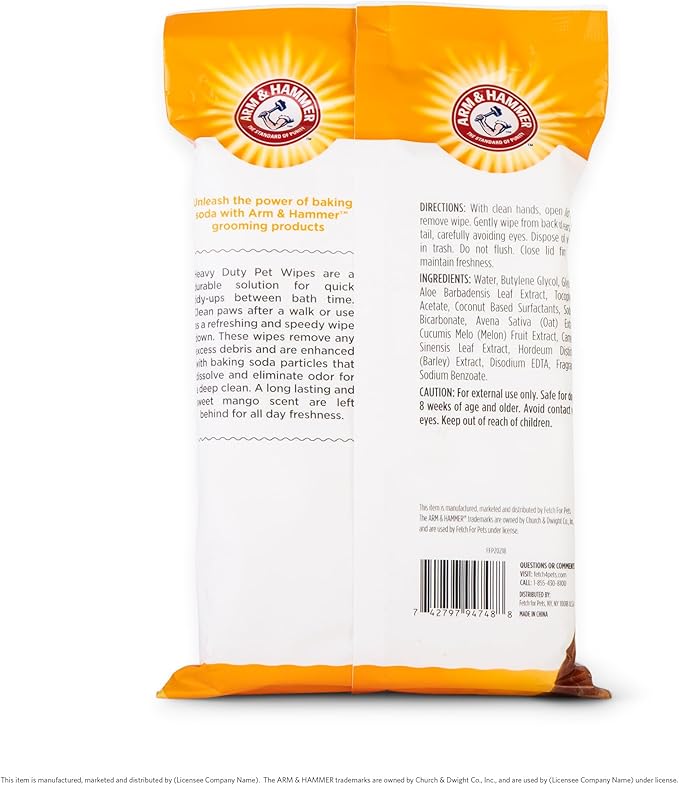 Arm and Hammer for Pets Heavy Duty Multipurpose Dog Bath Wipes, Mango Scent, Travel Size - All Purpose Wipes That Remove Odor and Refresh Dog Coat Between Baths, 30 Count