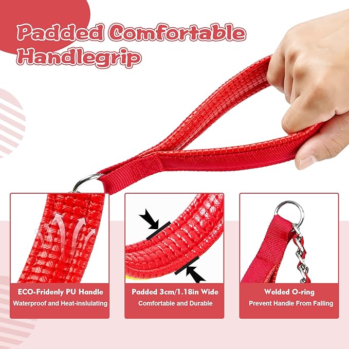 Heavy Duty Metal Dog Chain Leash with Comfortable PU Leather Padded Handle, Chew Proof for Medium Large Pooch Walking Training (4FT 3.0mm Red)