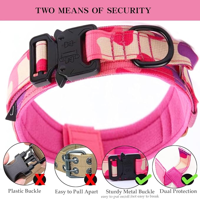 Tactical Dog Collar Adjustable Military Nylon Dog Collar with Control Handle and Heavy Duty Metal Buckle for Medium and Large Dogs (Pink Camo,L)