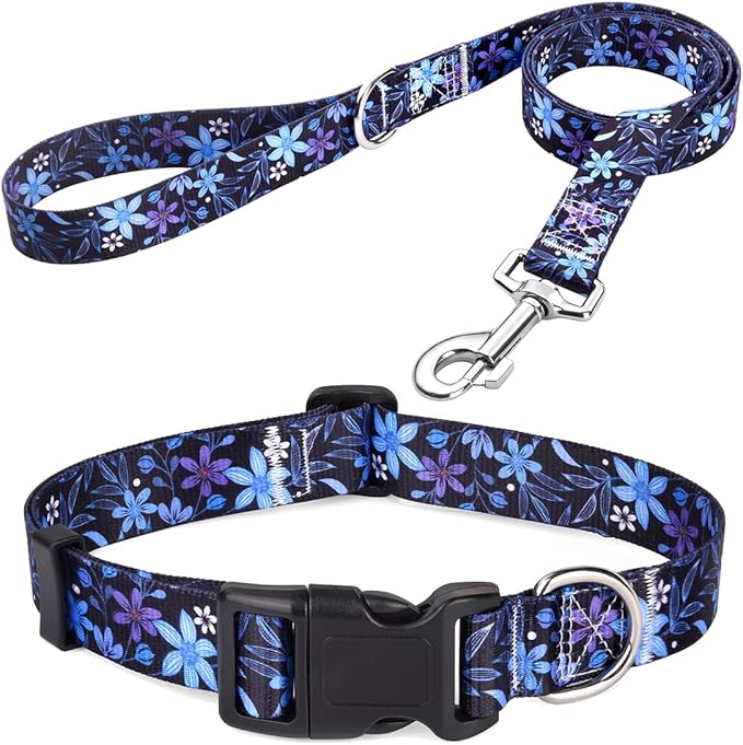 Mihqy Dog Collar and Leash Set with Bohemia Floral Tribal Geometric Patterns - Soft Ethnic Style Collar Adjustable for Small Medium Large Dogs(Blue Floral Set,XS)