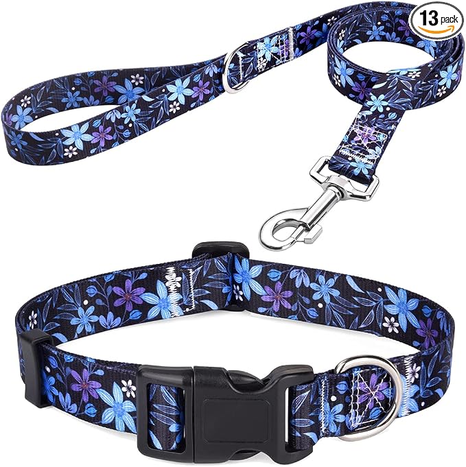 Mihqy Dog Collar and Leash Set with Bohemia Floral Tribal Geometric Patterns - Soft Ethnic Style Collar Adjustable for Small Medium Large Dogs(Blue Floral Set,S)