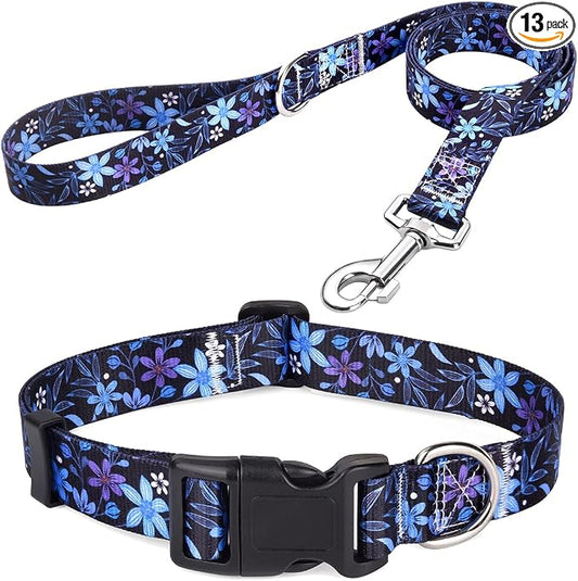 Mihqy Dog Collar and Leash Set with Bohemia Floral Tribal Geometric Patterns - Soft Ethnic Style Collar Adjustable for Small Medium Large Dogs(Blue Floral Set,S)