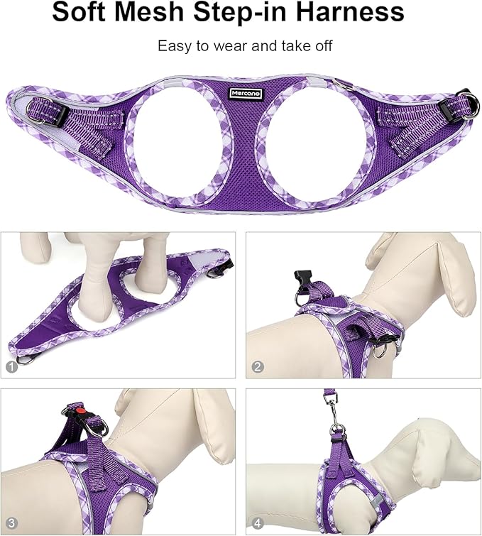Mercano Soft Mesh Dog Harness and Leash Set, Step-in Reflective Breathable Lightweight Vest Harnesses with Safety Buckle for Small Dogs, Cats (S, Purple)