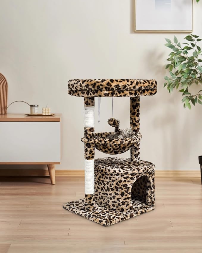 SYANDLVY Small Leopard Print Cat Tree for Indoor Cats, Cat Tower with Scratching Post, Modern Cat House with Padded Perch, Kittens Condo with Cradle, Cat Cave