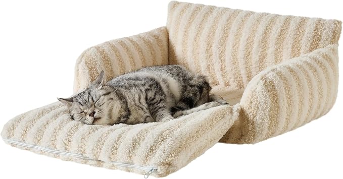 Hollypet Cat Bed Fluffy Plush Multifunctional Double-Layer Machine Washable Soft Warming Kitty Pet Couch Orthopedic Nest Beds for Small Cats Kitten and Dogs up to 13lbs, Beige(21x15x8 inch)