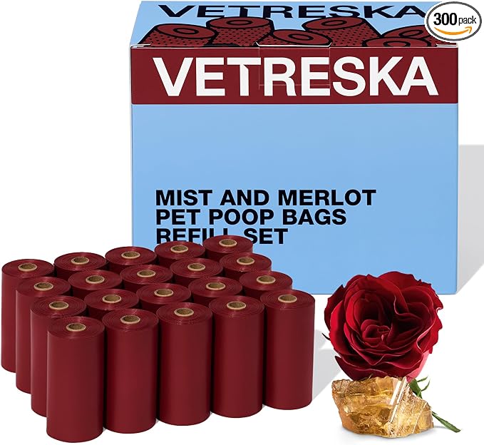 VETRESKA Dog Poop Bags, Leak Proof, Extra Thick and Large Pet Waste Bags for Dog Walking and Cat Litter, Rose & Amberwood Scented, 300 Bags