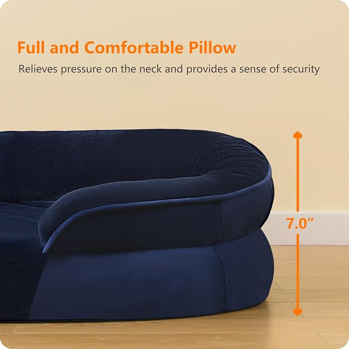 Dwanton Orthopedic Dog Bed for Extra Large Dogs with Gel Memory Foam, Waterproof Dog Sofa, Washable Pet Bed with Four Sided Bolster Cushion, Removable Cover & Non-Slip Bottom, 45", Navy Blue