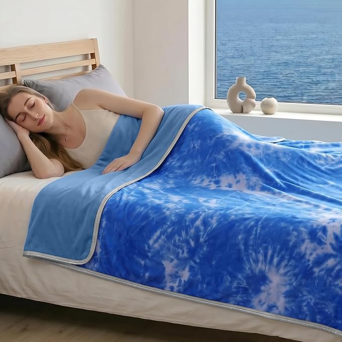 Guohaoi Cooling Throw Blanket for Hot Sleepers, Twin Size 50''×70'' Lightweight Breathable Summer Bed Blanket for Couch, Arc-Chill Q-Max >0.5 Cool Fiber,Lightweight Tie Dye Blanket Blue