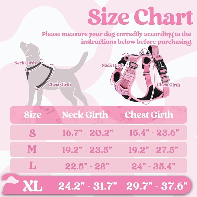 rabbitgoo Dog Harness for Large, No Pull Easy On & Off with 3 Buckles Pet Harness, Adjustable Soft Walking Vest with 2 Clips and Handle, Reflective for Extra Large Dogs, Floral Pink, XL