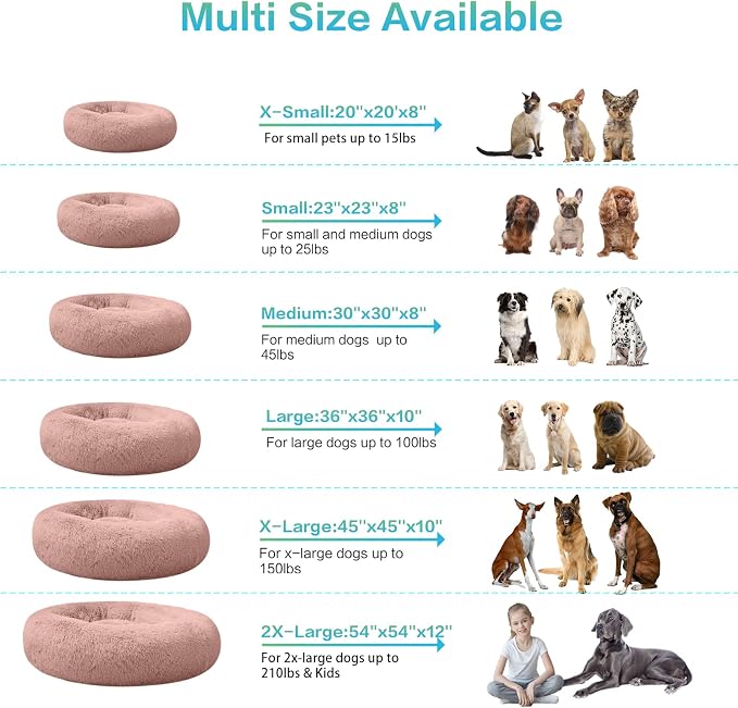 SAVFOX 23 inches Calming Donut Dog Bed - 3X Durable Plush Faux Fur, Machine Washable & Non-Slip, Fits up to 25 lbs, Pink