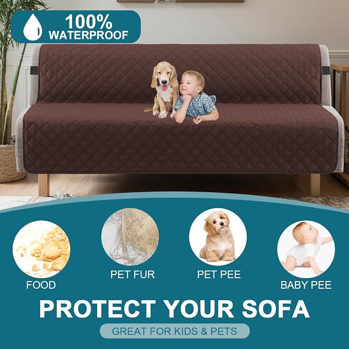 Turquoize 100% Waterproof Futon Cover Futon Slipcover Washable Armless Sofa Bed Slipcover Protector Seat Width Up to 70" with Adjustable Elastic Strap Anti-Slip for Dogs, Brown